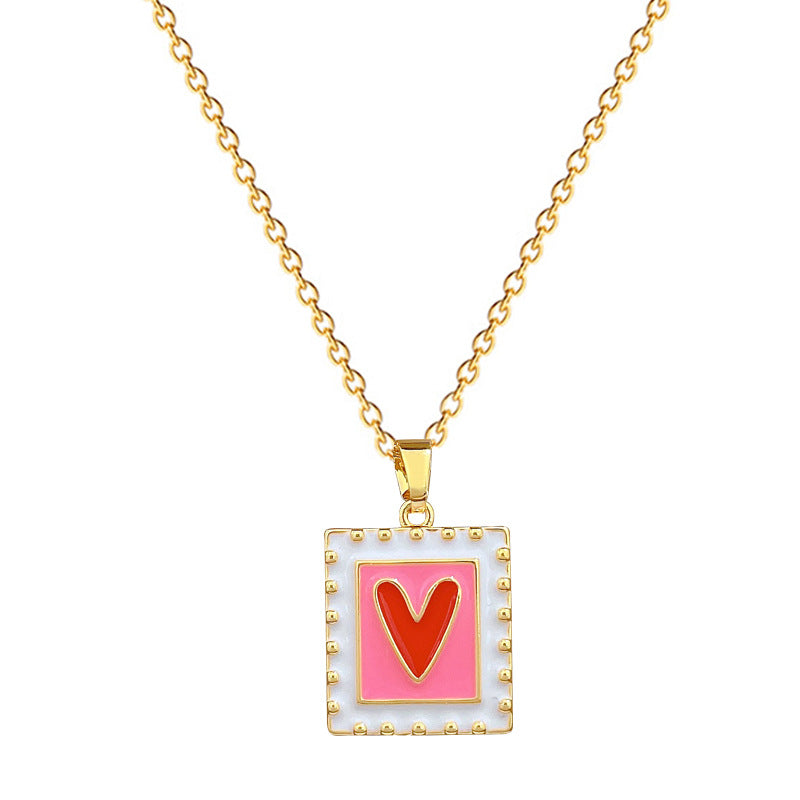 Collana con ciondolo a cuore in smalto quadrato minimalista da donna in acciaio al titanio con catena delicata per clavicola con dettagli in strass