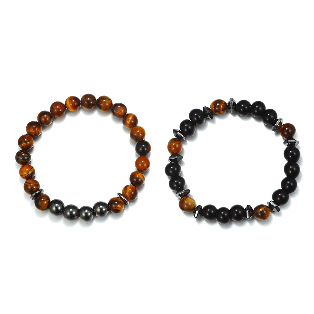 Hip-hop Matte Volcanic Stone Hematite Wood Round Beaded Bracelet Set