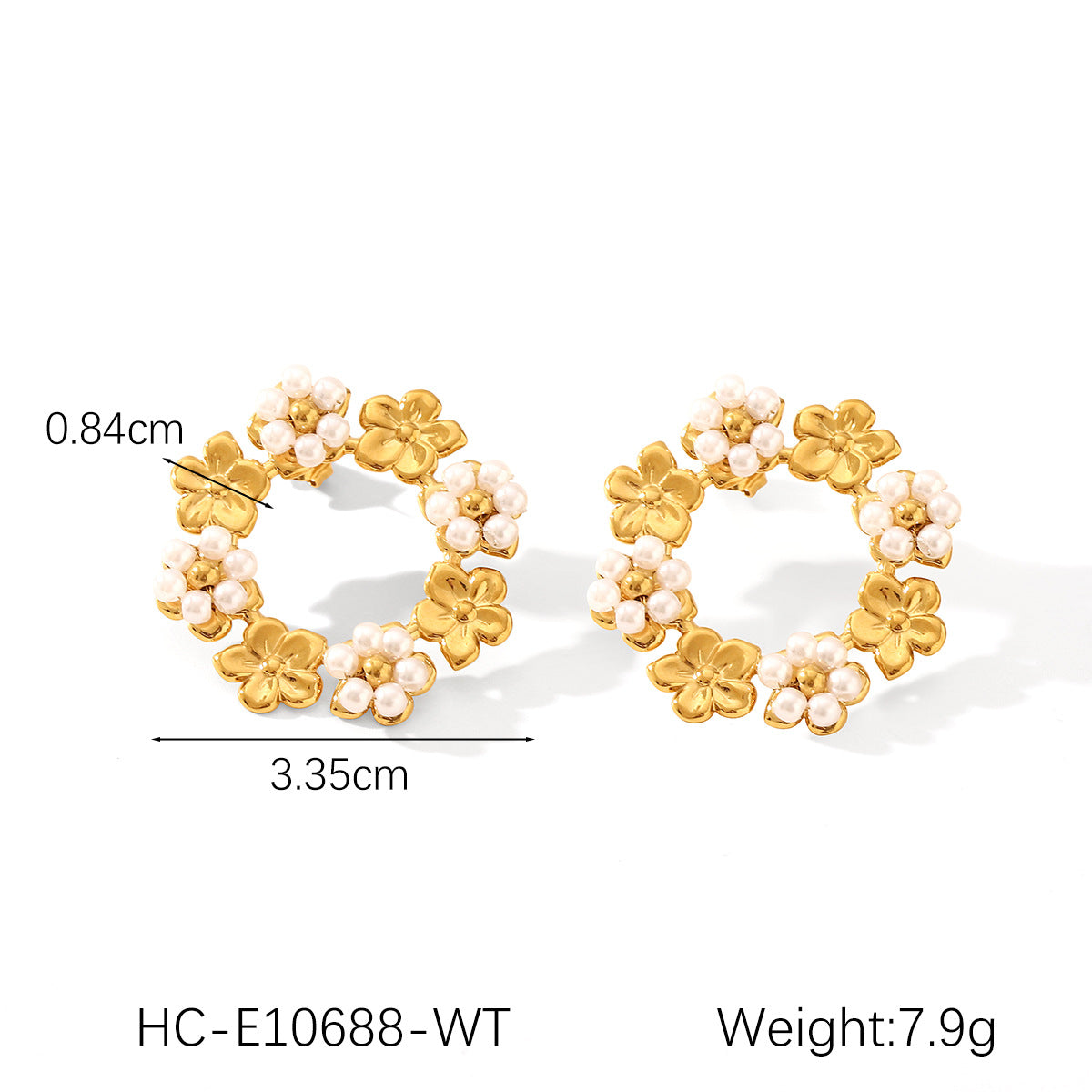 Floral Pearl Stud Earrings with Stainless Steel Hoop and 18K Gold Plating for Women