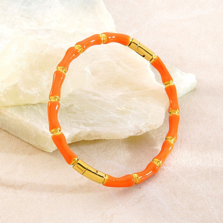 Braccialetto Minimalista in Acciaio Inossidabile con Motivo a Bambù Geometrico e Smalto a Goccia, Placcato Oro 18K