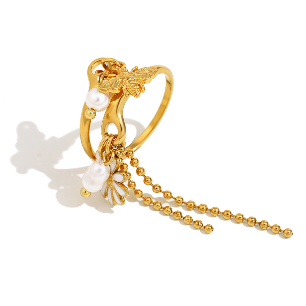 Vintage French-Style Floral Stainless Steel Ring with 18K Gold Plating and Tassel Detail for Women