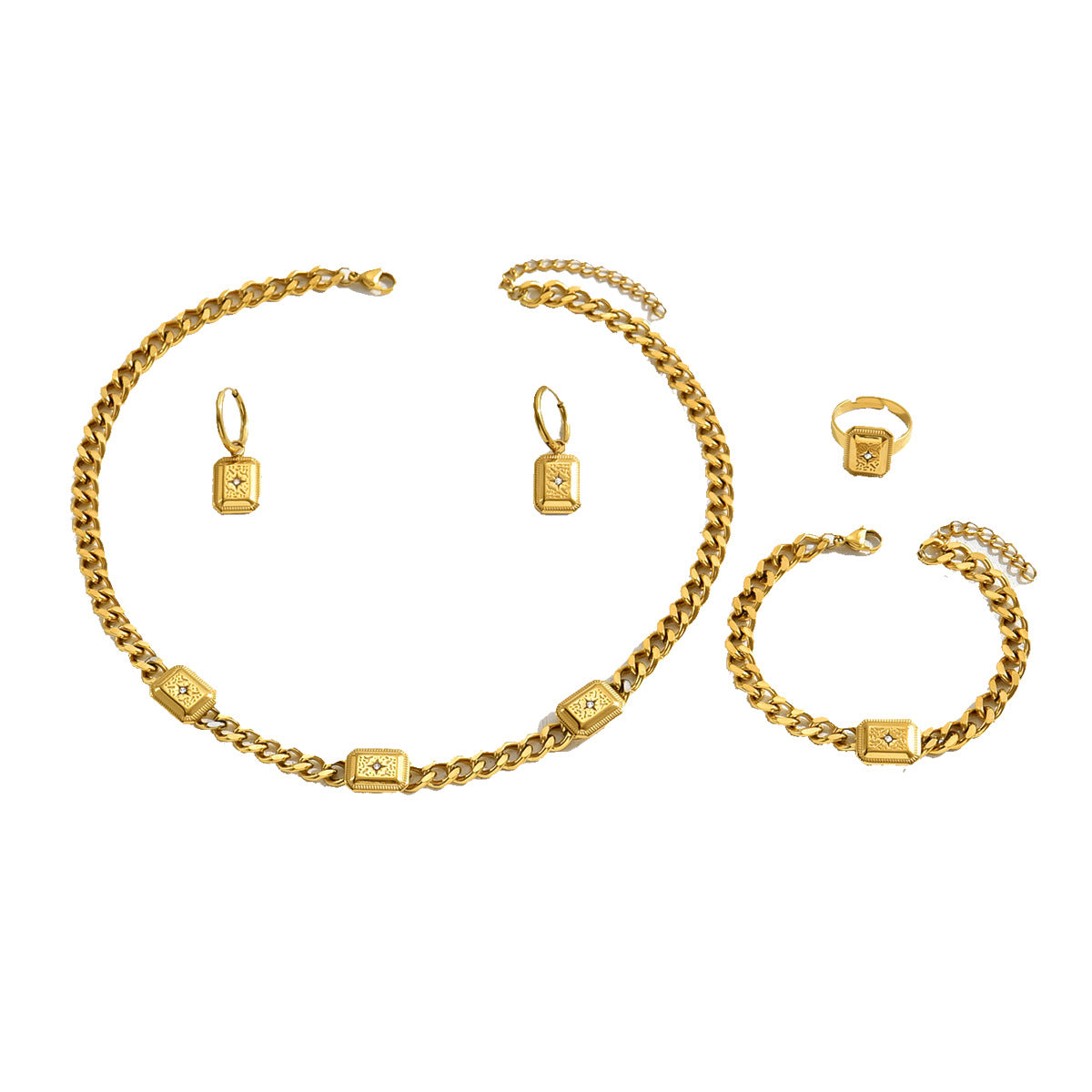 Set di bracciale, anello, orecchini e collana in rame con zirconi, geometrico, lusso minimalista, da donna