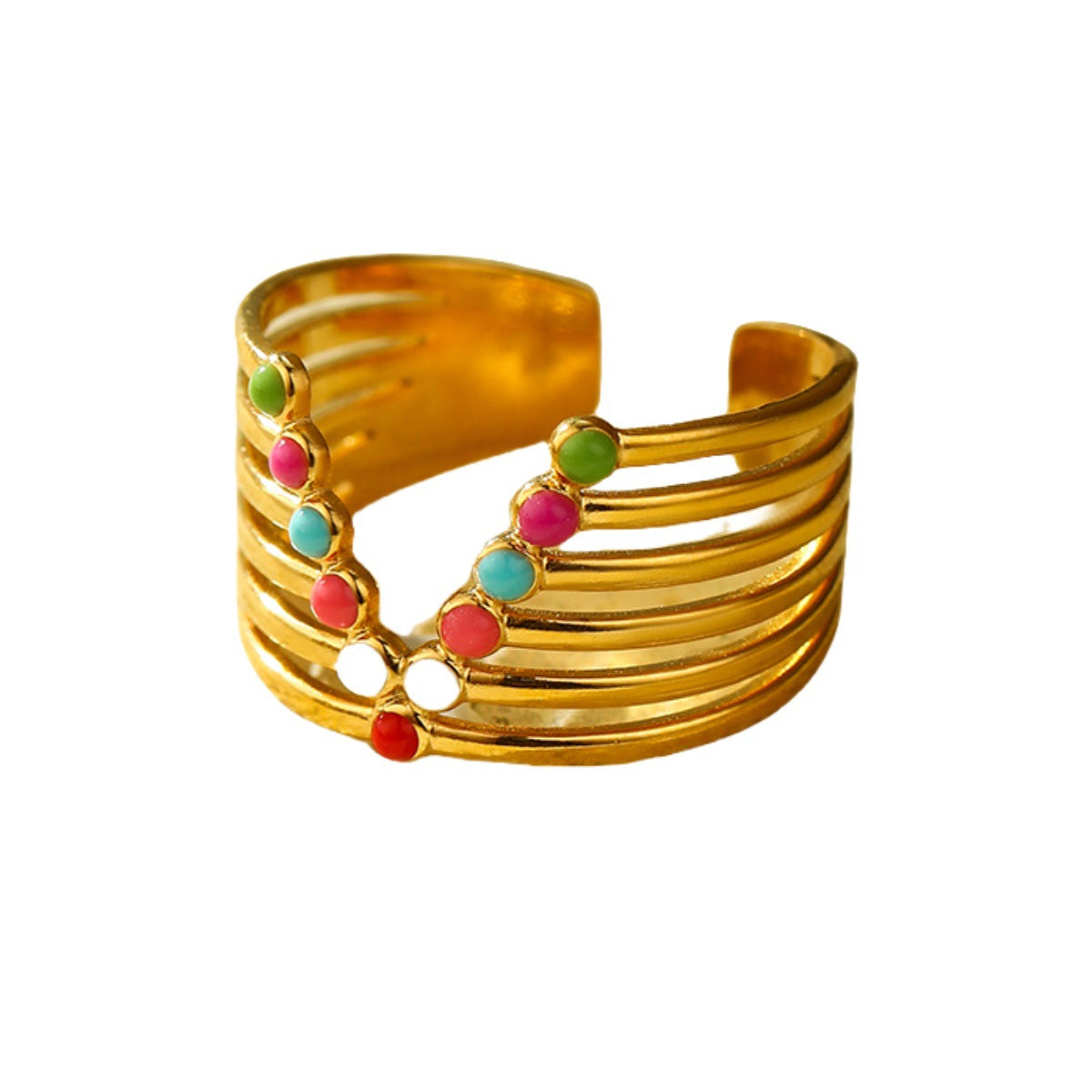 Anillo Abierto de Esmalte de Colores con Diseño Geométrico, Ligero, Chapado en Oro de 18K, Joyería de Acero Inoxidable para Mujer