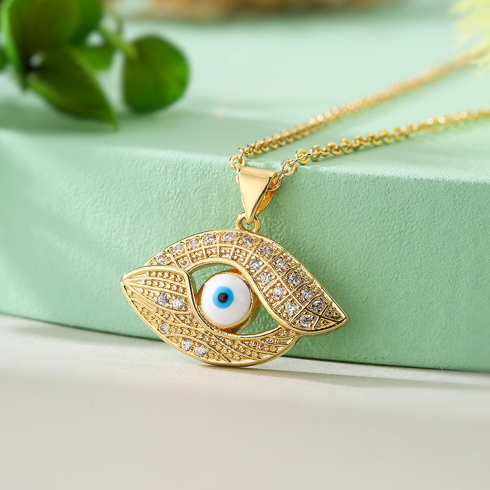 Bohemian Style Evil Eye Pendant Necklace for Women with Copper Base Plated in Real Gold and Enamel Finish Geometric Design