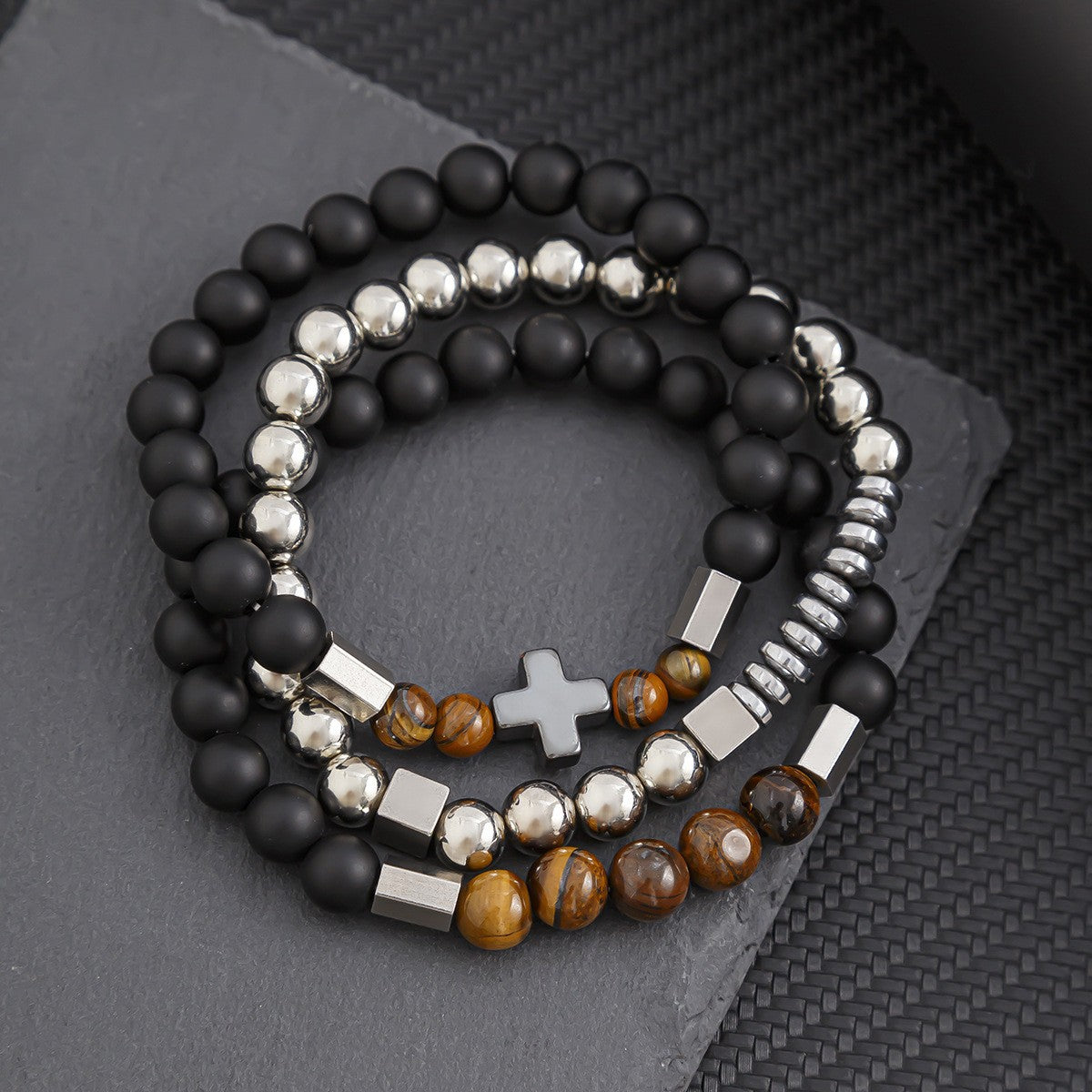 Micro-Pave Cubic Zirconia Geometric Dice Matte Brass Bracelet Set
