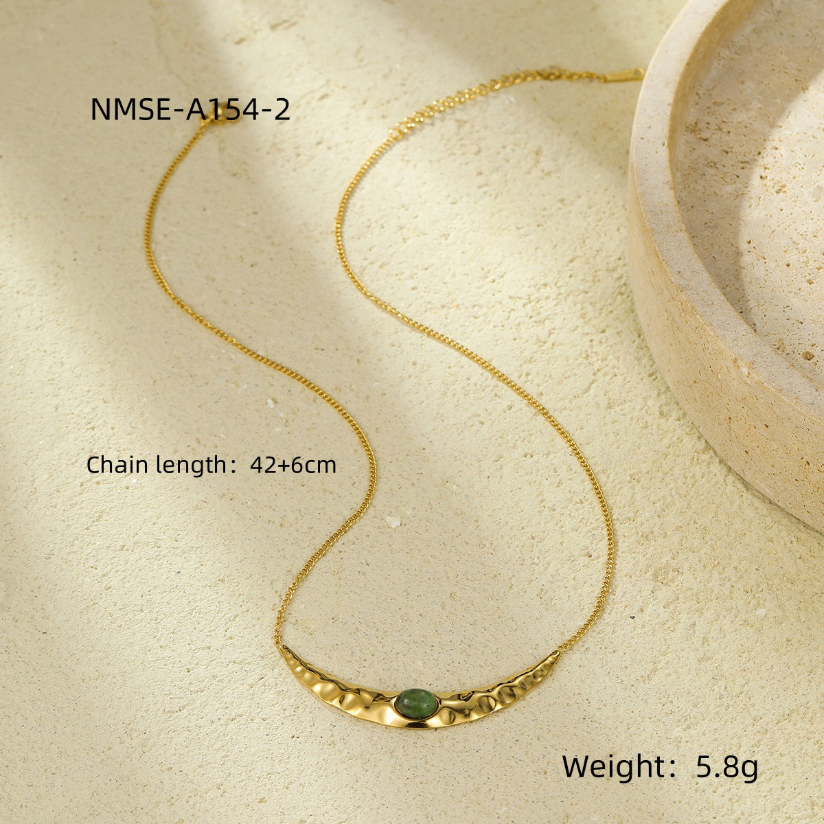 Vintage French Minimalist Stainless Steel Crescent Moon Pendant Necklace with Natural Stone Inlay, Hypoallergenic and Fade-Resistant Clavicle Chain