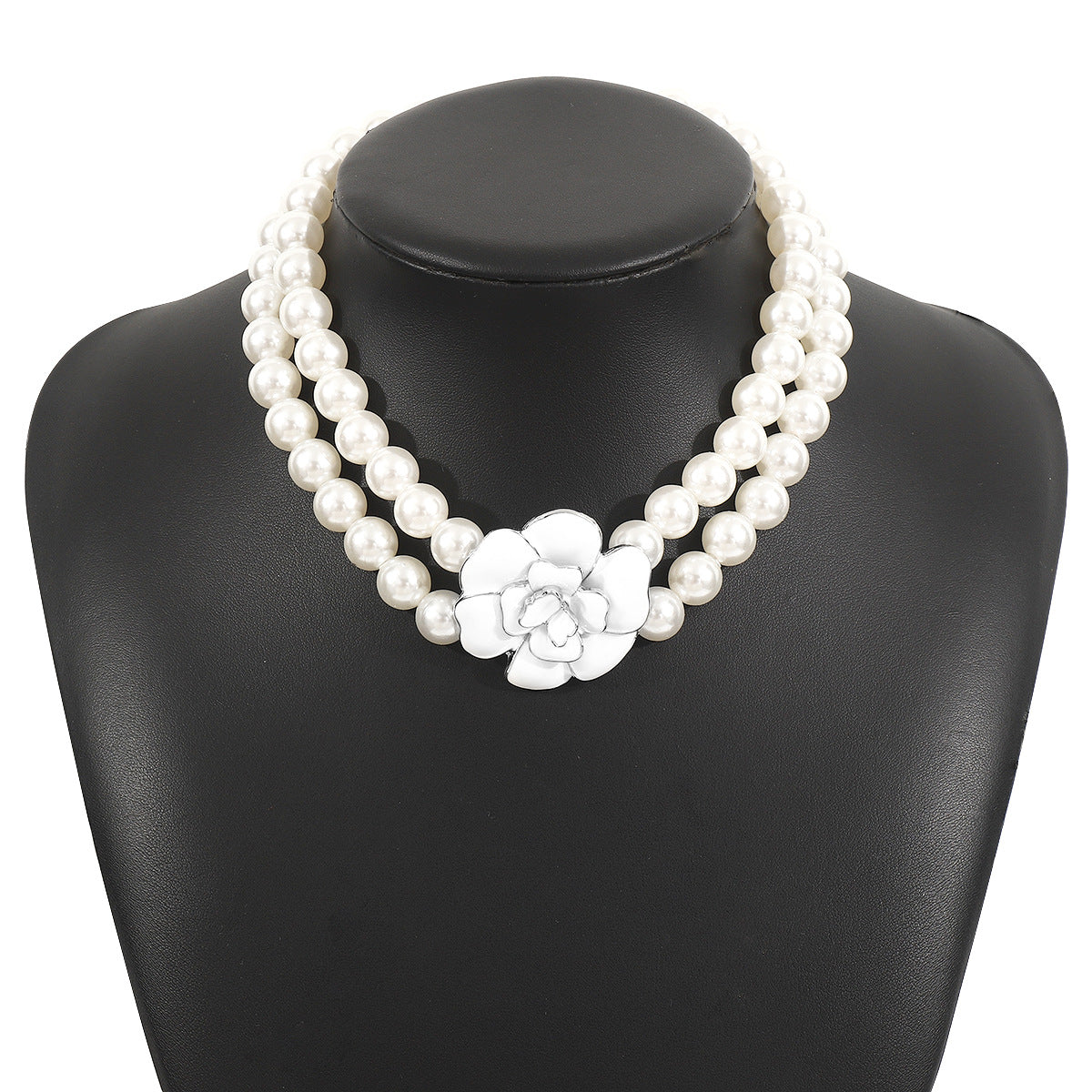 Retro French Style Camellia-Shaped Handcrafted Enamel Alloy Bracelet and Necklace Set for Women with Pearl Chain