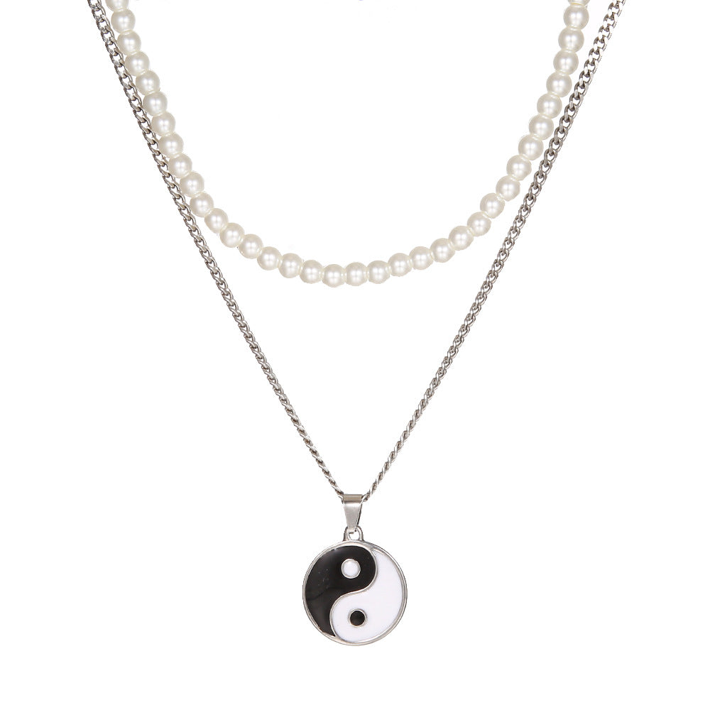 Hip-hop Geometric Round Stainless Steel Necklace with Alloy Tai Chi Pendant and Double Layer Pearls for Unisex