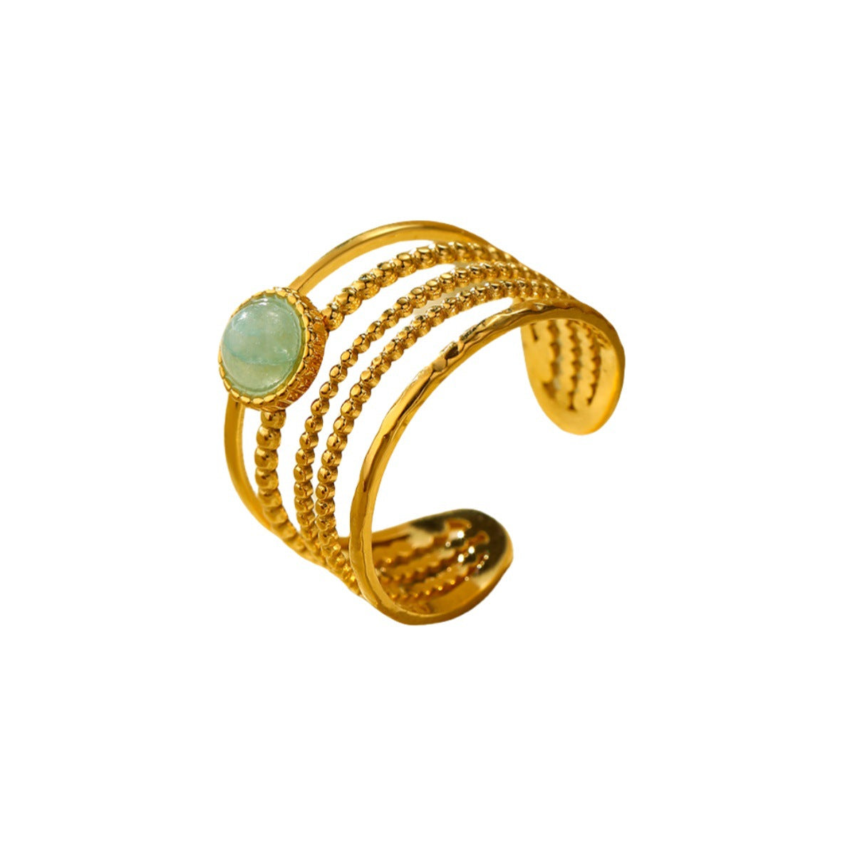 Fashionable Minimalist Round Titanium Steel Ring with 18K Gold Plating and Natural Green Aventurine Stone for Women