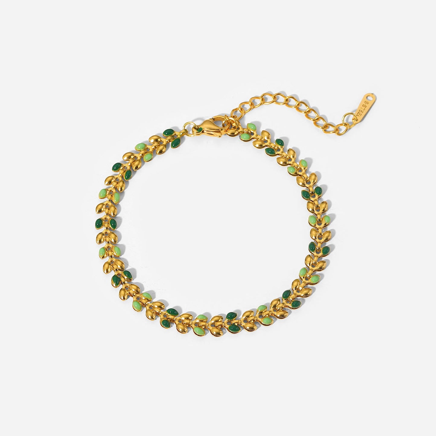 Fashionable 18K Gold Plated Green Enamel Olive Leaf Geometric Stainless Steel Bracelet for Women