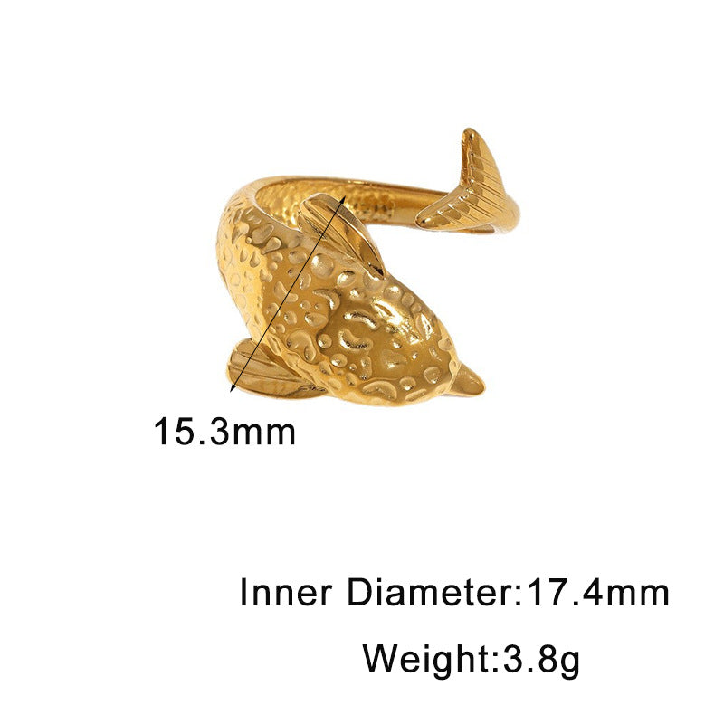Cute Gold Plated Stainless Steel Dolphin Ring Adjustable Animal Design for Women