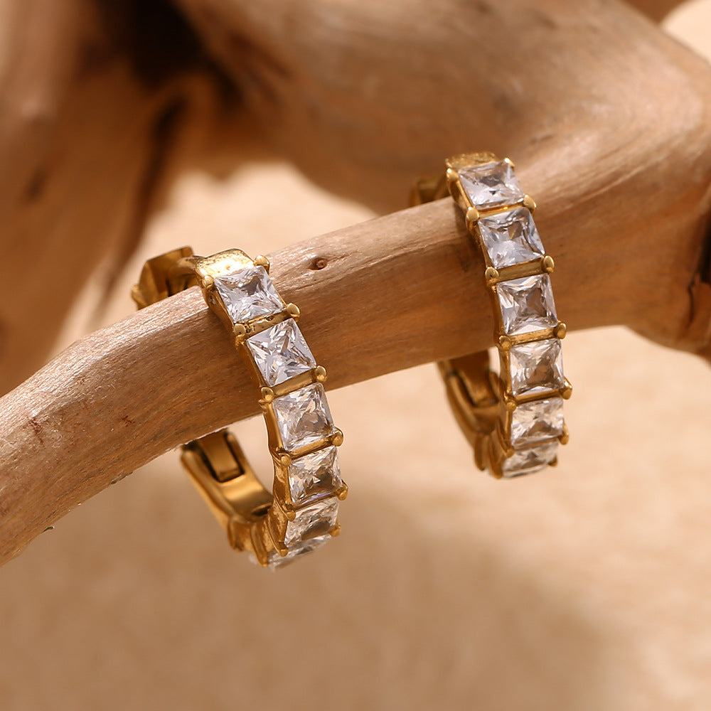 Minimalist Elegant Geometric Stainless Steel Gold Plated Rhinestone Hoop Earrings for Women