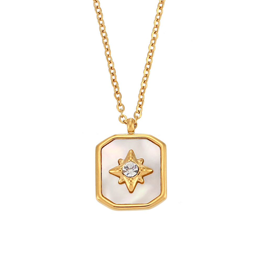 Minimalist Square Pendant Necklace with Geometric Eight-Pointed Star Design in Stainless Steel with Plated Finish for Women