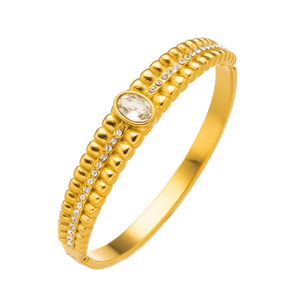Bracciale da donna in acciaio inossidabile a rombi cavi stile vintage con intarsio in zircone verde