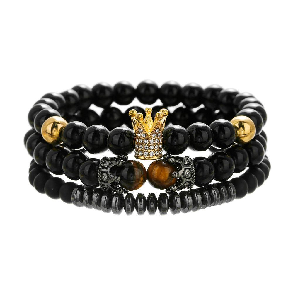 Sporty Micro-pave Cubic Zirconia Crown Elastic Braided Bracelet Set with Tiger Eye and Lava Stone for Unisex
