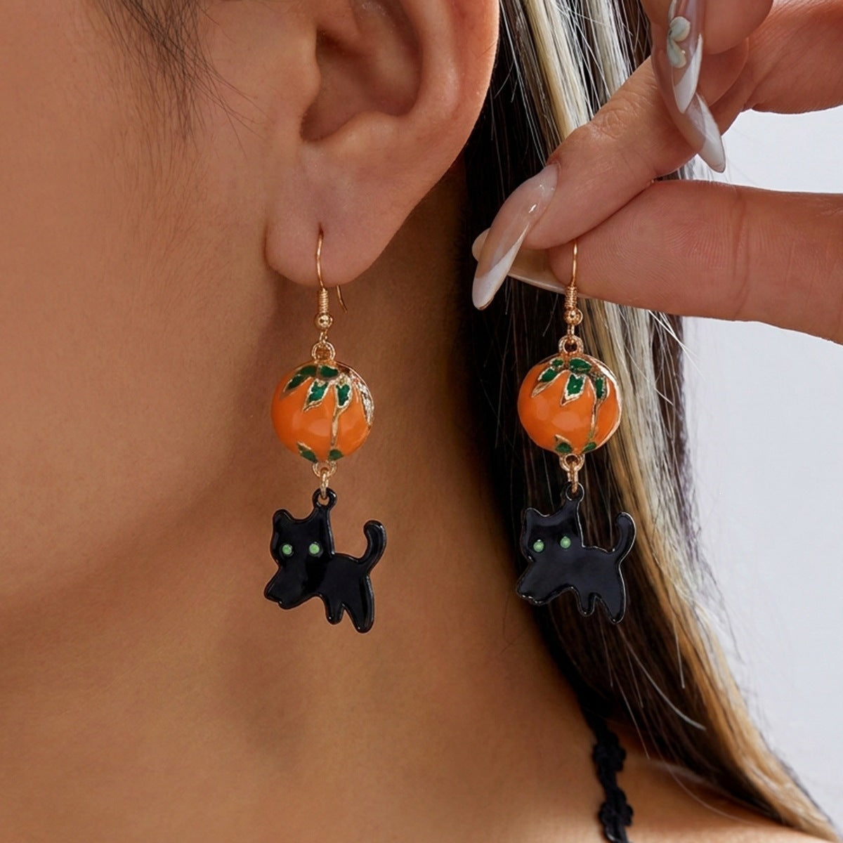 Punk Plated Alloy Cartoon Pumpkin Black Cat Smile Earrings for Women