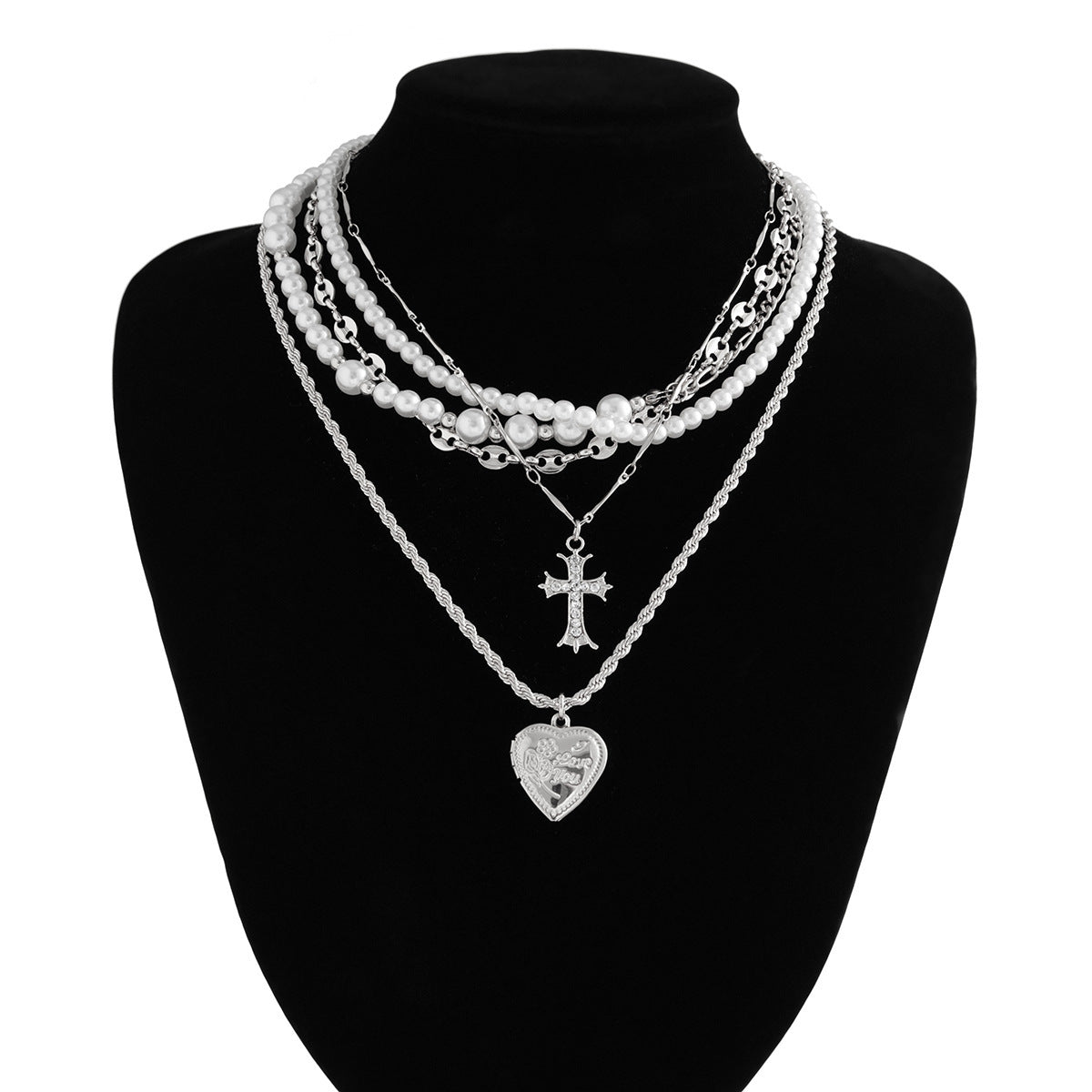 Minimalist Multi-Layer Plated Alloy Cross and Heart Pendant Necklace with Imitation Pearls for Women