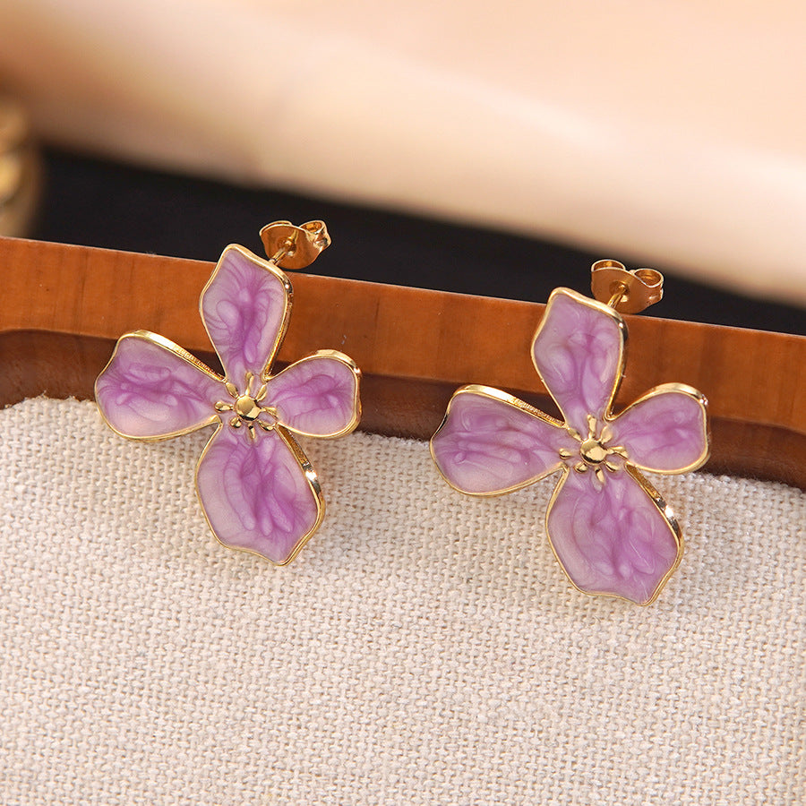 Elegant Drip Oil Floral Stainless Steel Necklace and Earring Set for Women