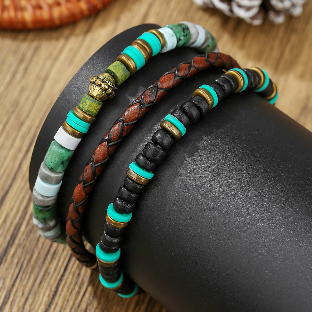 Vintage Round Leather Alloy DIY Charm Bar Bracelet Set Unisex