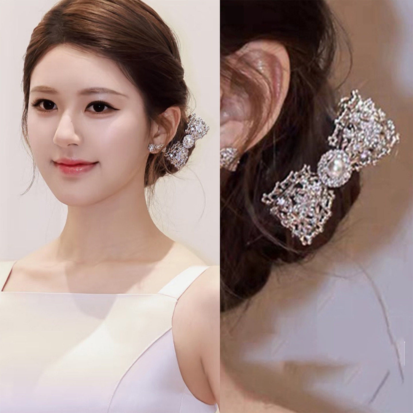 Elegant Bowknot-Shaped Pearl Earrings and Hairpins Set with Zircon Inlay for Women