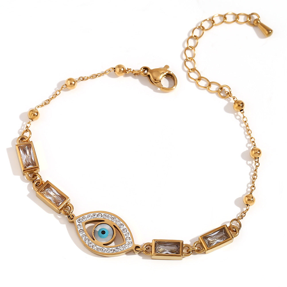 Bracciale da donna alla moda con occhio di Allah in zircone bianco a rettangolo geometrico, in acciaio inossidabile placcato oro 18K