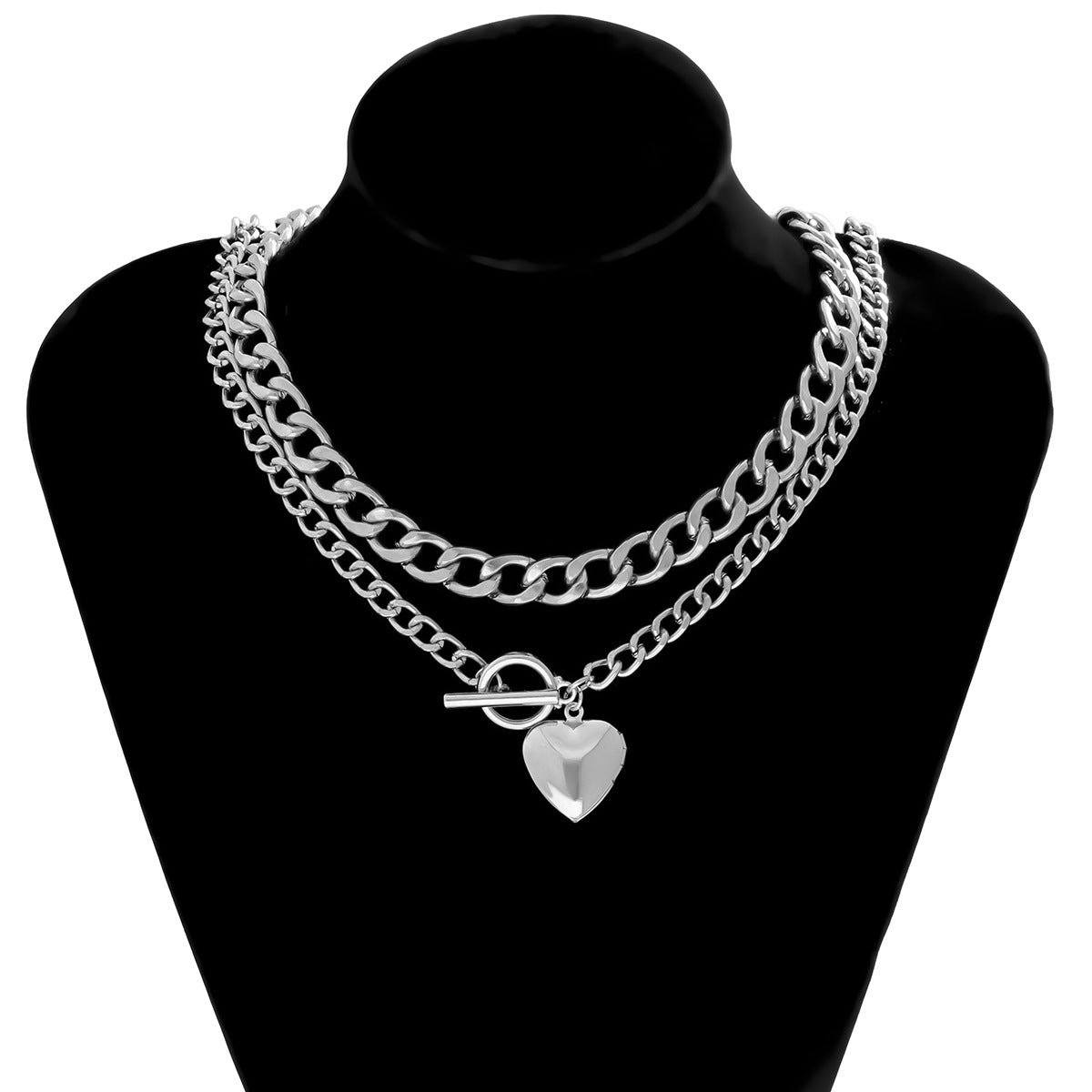Collana in lega a doppio strato a forma di cuore in stile punk con finitura galvanizzata e catena a croce