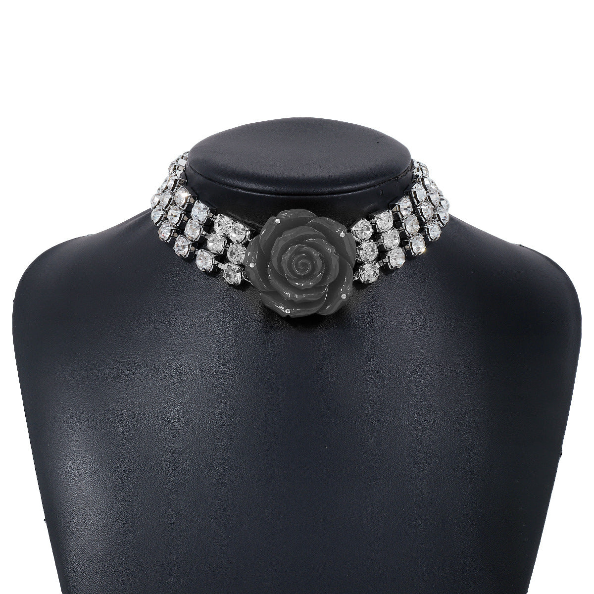 Collar con colgante de flor de rosa 3D dulce y atrevido con incrustaciones de diamantes de imitación sobre base de resina, cadena a la altura de la clavícula para mujer