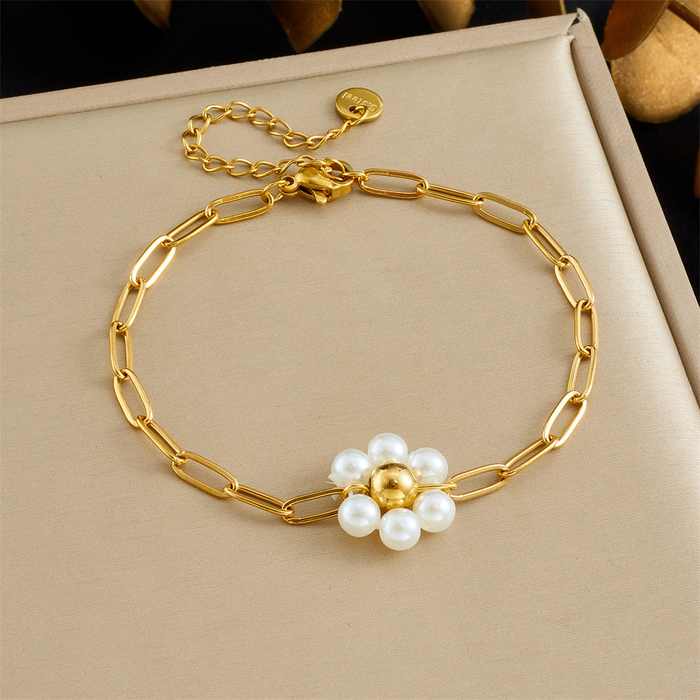 Vintage Minimalist Elegant Gold Plated Geometric Oval Round Faux Pearl Knot Bracelet
