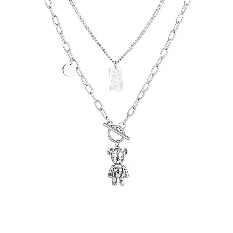 Collana con ciondolo a orsetto minimalista in acciaio al titanio placcato per donne e uomini, catena regolabile per clavicola