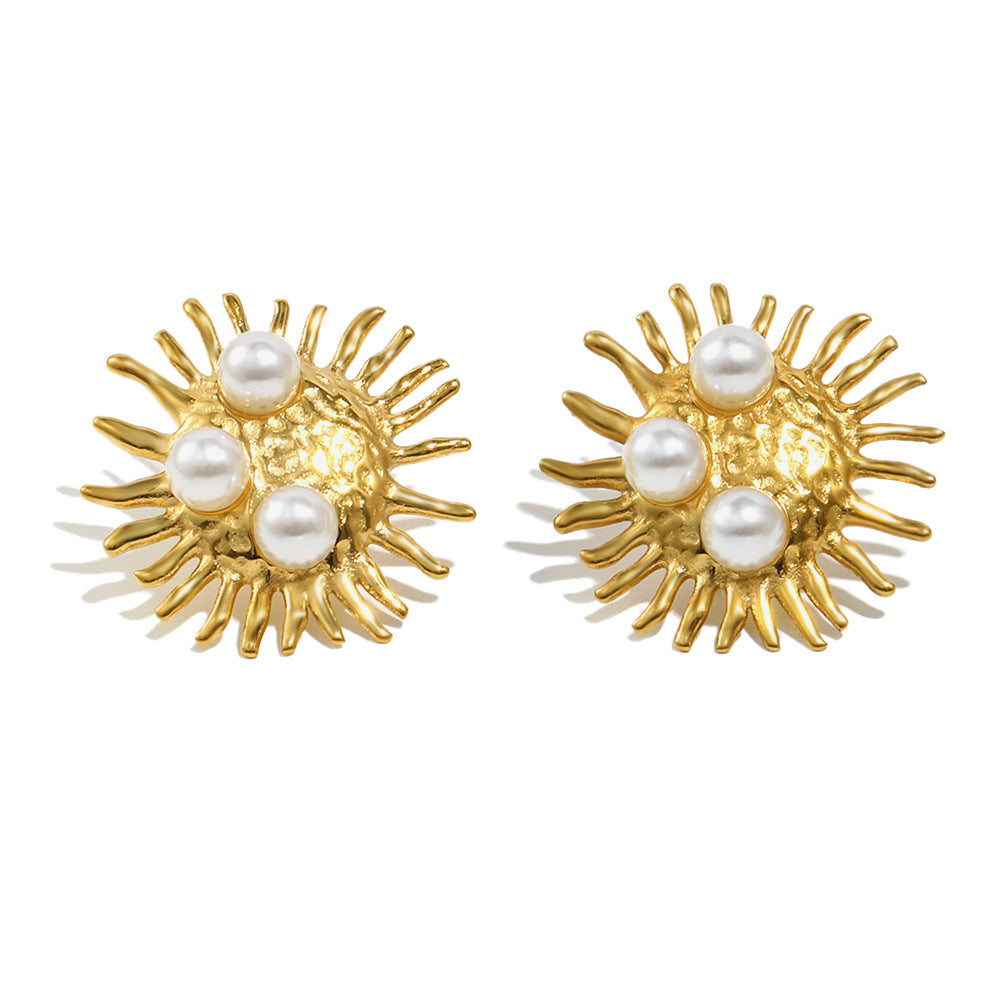 Vintage Old Money Style Geometric Stainless Steel 18K Gold Plated Pearl Sunburst Stud Earrings for Women