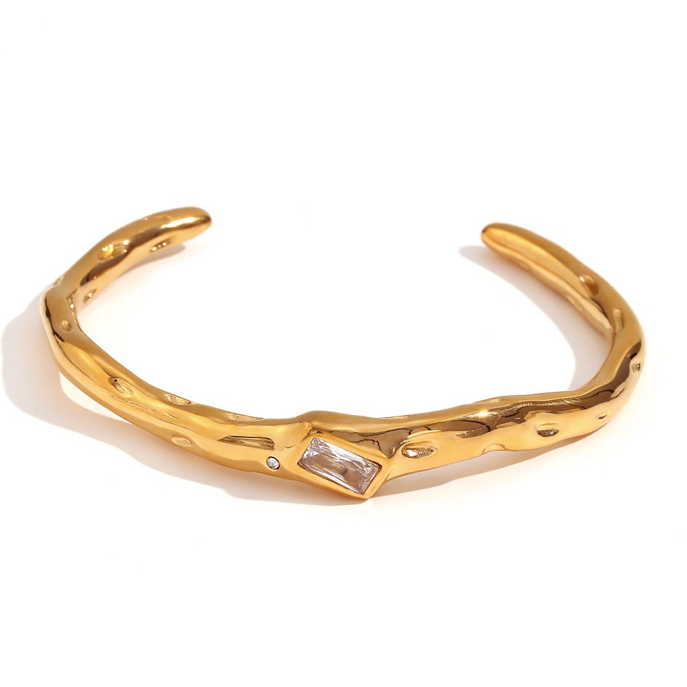 Minimalist Irregular Rectangular Stainless Steel Bracelet with 18K Gold Plating and Zircon Inlay