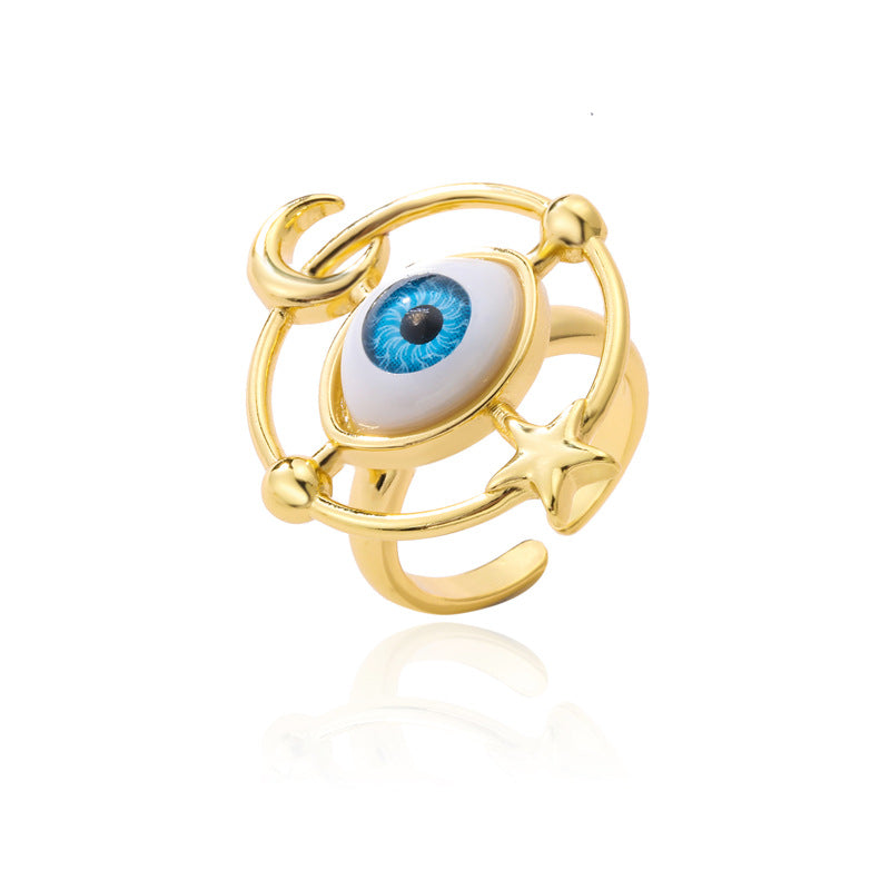 Gold Plated Brass Geometric Star Moon Micro-Inlay Ring