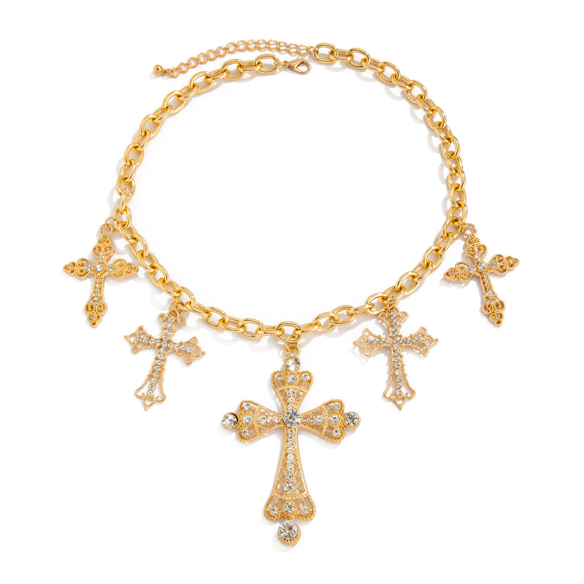 Hip-hop Rhinestone Inlaid Cross Pendant Zinc Alloy Necklace for Women