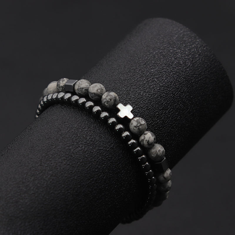 Fashion Unisex Brass Beaded Bracelet Set with Hematite Cross, Natural Lava Stone and Tiger Eye Geometric Charms
