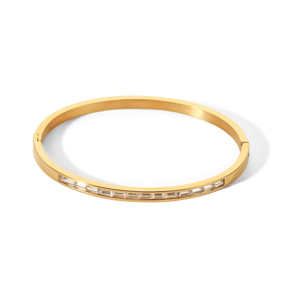 Minimalist Geometric Stainless Steel Bracelet for Women with 18K Gold Plating and White Square Zircon Inlay