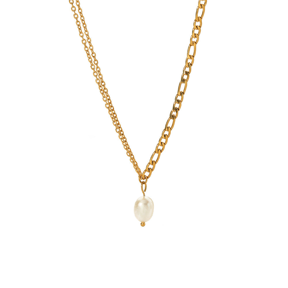 Minimalist Geometric Double-Layer Snake Chain Necklace with Freshwater Pearl Pendant in Titanium Steel Plated with 18K Gold for Women