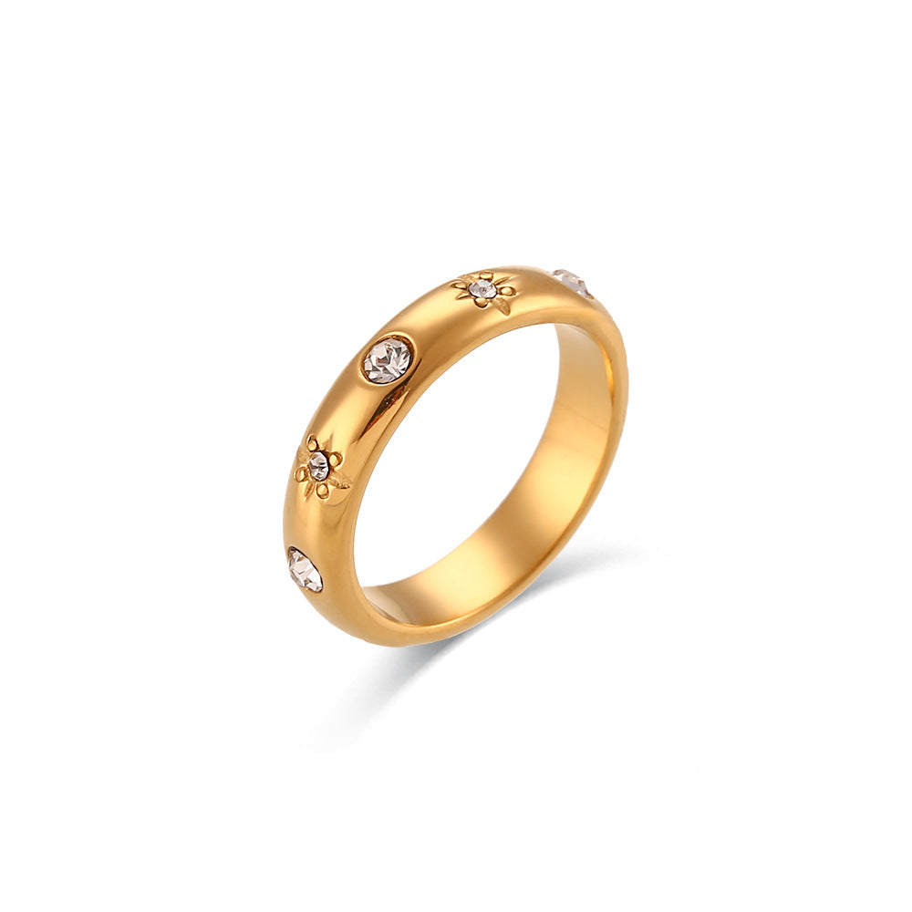 Minimalist Geometric Stainless Steel Ring with 18K Gold Plating and Clear Zirconia Floral Accent for Women