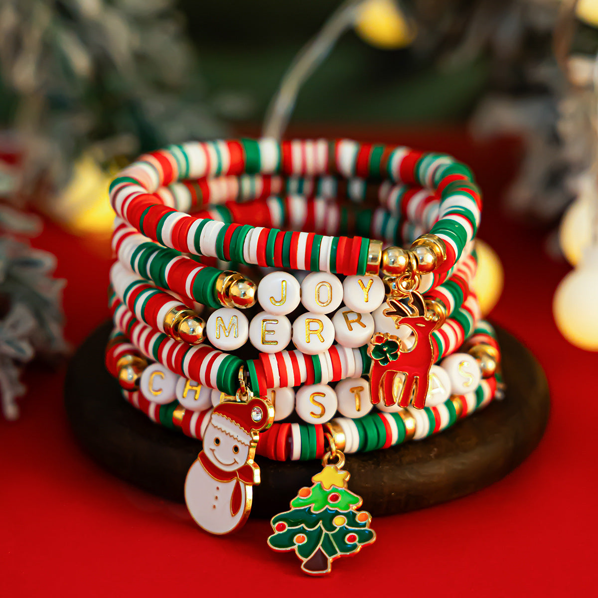 Christmas Letter Resin Bracelet Set Colorful Irregular Beaded with Strawberry and Watermelon Elements Unisex