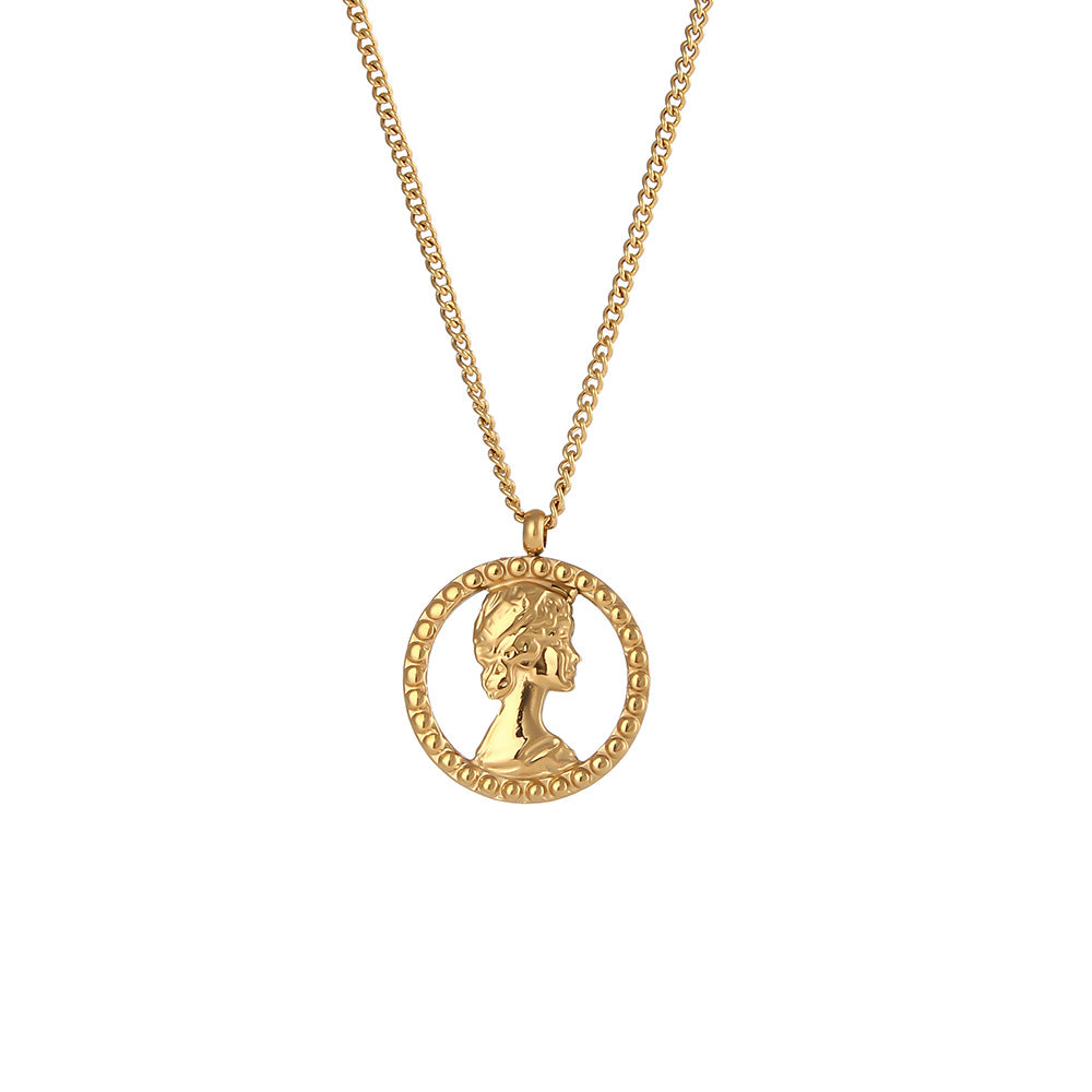 Collana con pendente a moneta con ritratto a rilievo geometrico minimalista in acciaio inossidabile con finitura placcata da donna