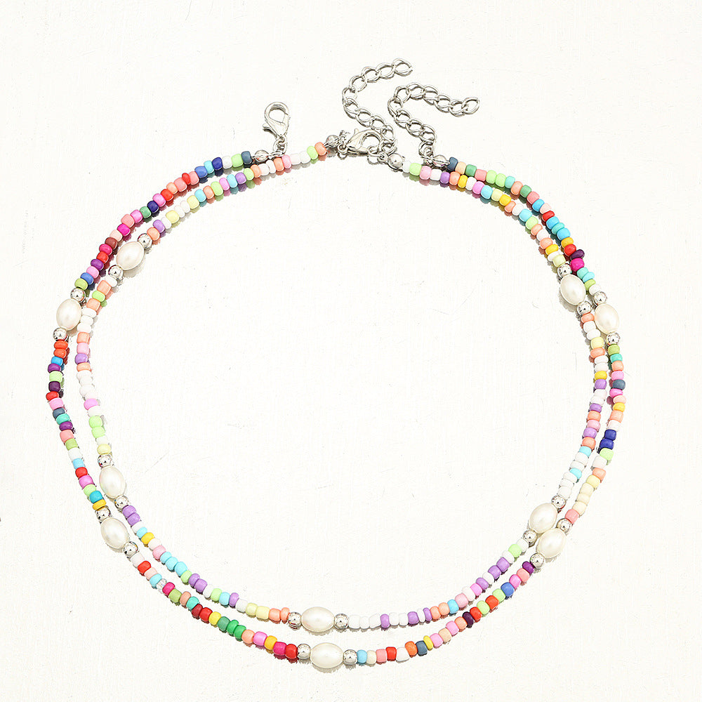 Collar Minimalista Geométrico de Doble Capa para Niñas Hecho de Cristal y Acrílico con Cadena de Bolas Redondas