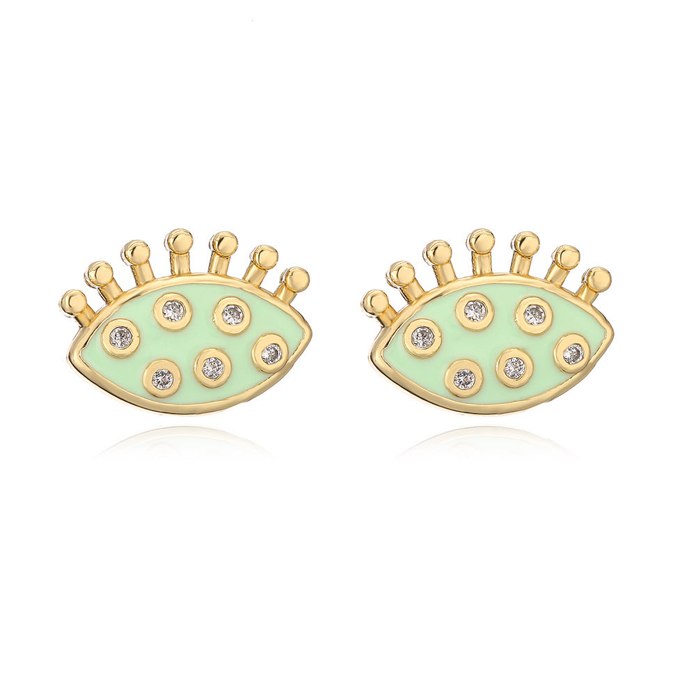 Vintage Geometric Eye Stud Earrings for Women Made of Copper with 18K Gold Plating and Enamel-Zirconia Accents