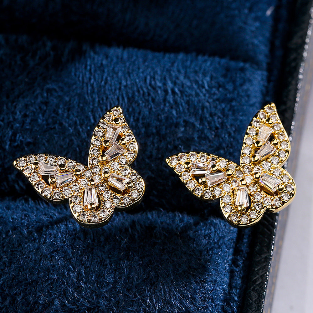 Orecchini Eleganti da Donna in Rame a Forma di Fiore e Farfalla con Zirconia Micro-Pavé