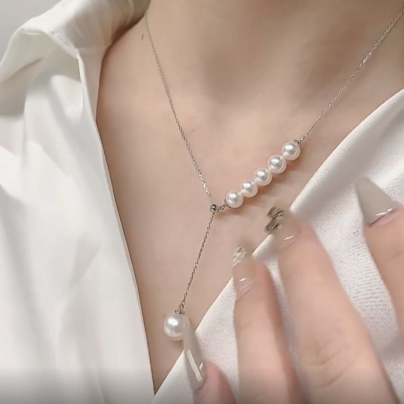 Minimalist Mermaid Tear Pearl Pendant Necklace for Women Titanium Steel Y-Shape Clavicle Chain with Electroplated Finish
