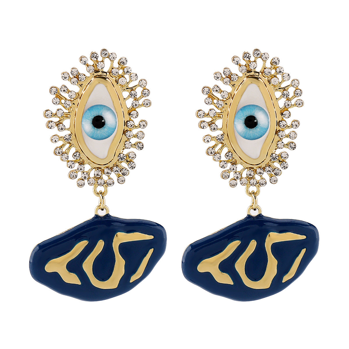 Orecchini vintage astratti geometrici in lega con smalto e strass a forma di occhio da donna