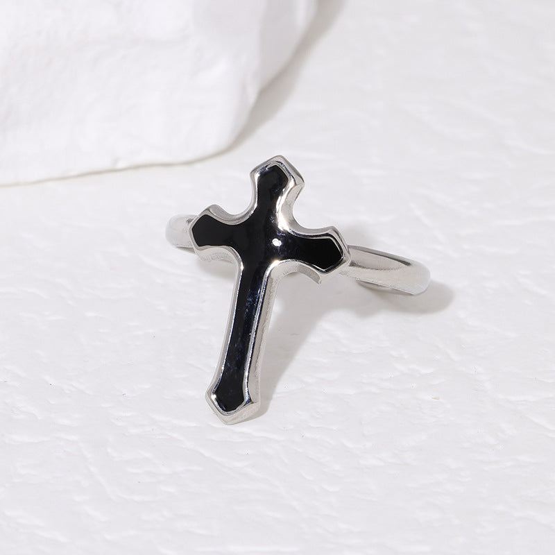 Anillo Ajustable de Acero de Titanio Esmaltado con Diseño de Cruz Estilo Vintage para Hombres y Mujeres