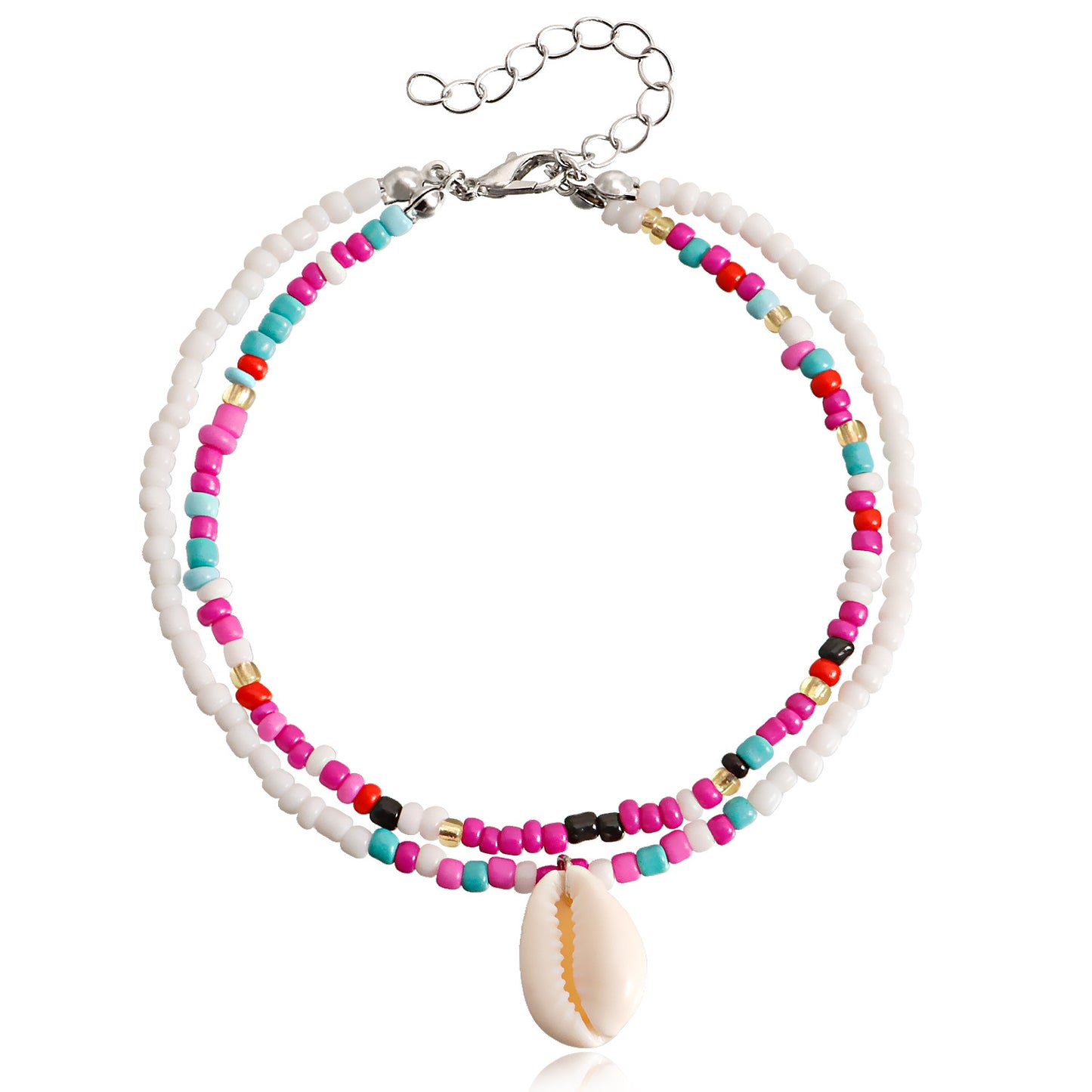Bohemian Double-Layer Beaded Shell Anklet for Women in Alloy with Geometric Design Summer Beach Jewelry