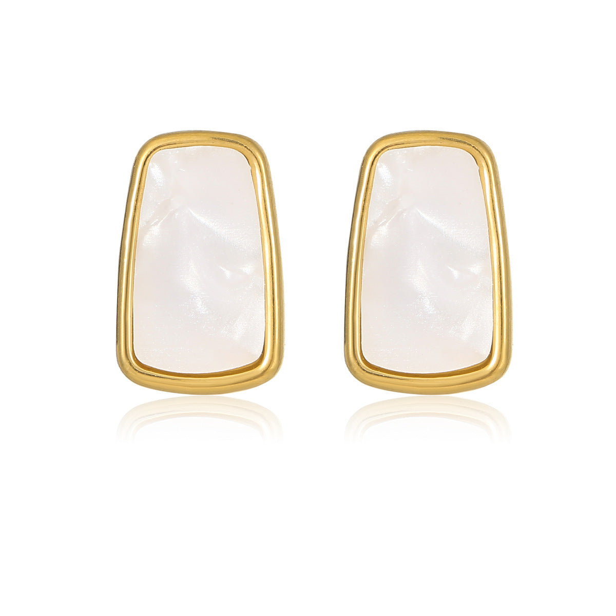 Fashionable Trapezoidal Stainless Steel Stud Earrings with Gold-Plated Edge and White Mother-of-Pearl Inlay for Women