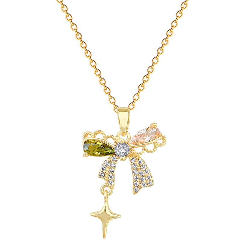 Sweet Butterfly Star Geometric Rhinestone Pendant Titanium Steel Necklace with Tassel Cable Chain for Unisex
