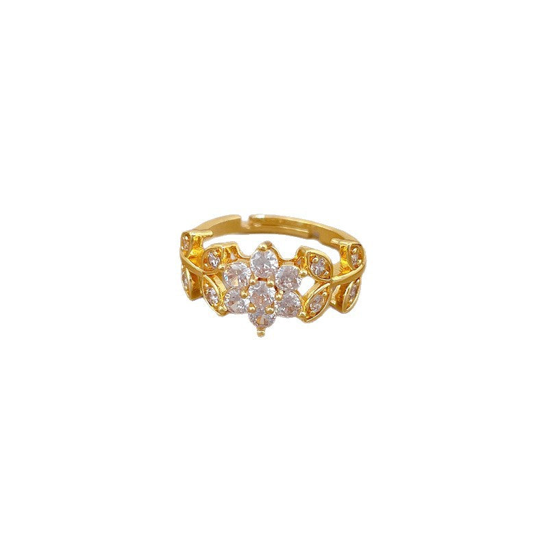 Sweet Minimalist Gold Plated Floral Rhinestone Adjustable Ring for Women and Couples