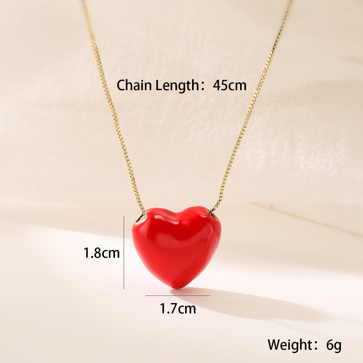 Minimalist Red Enamel Heart Pendant Necklace for Women with Copper Chain
